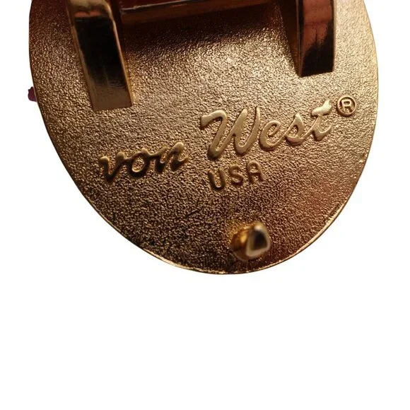 Vintage Von West USA Clock Belt Buckle Goldtone Analog Clock Art Steampunk